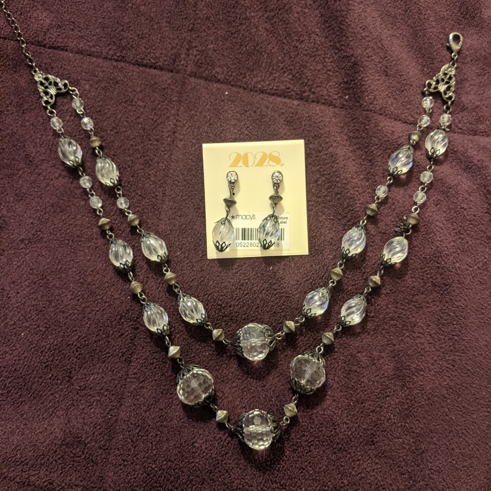 2028 necklace & earrings, clear & black